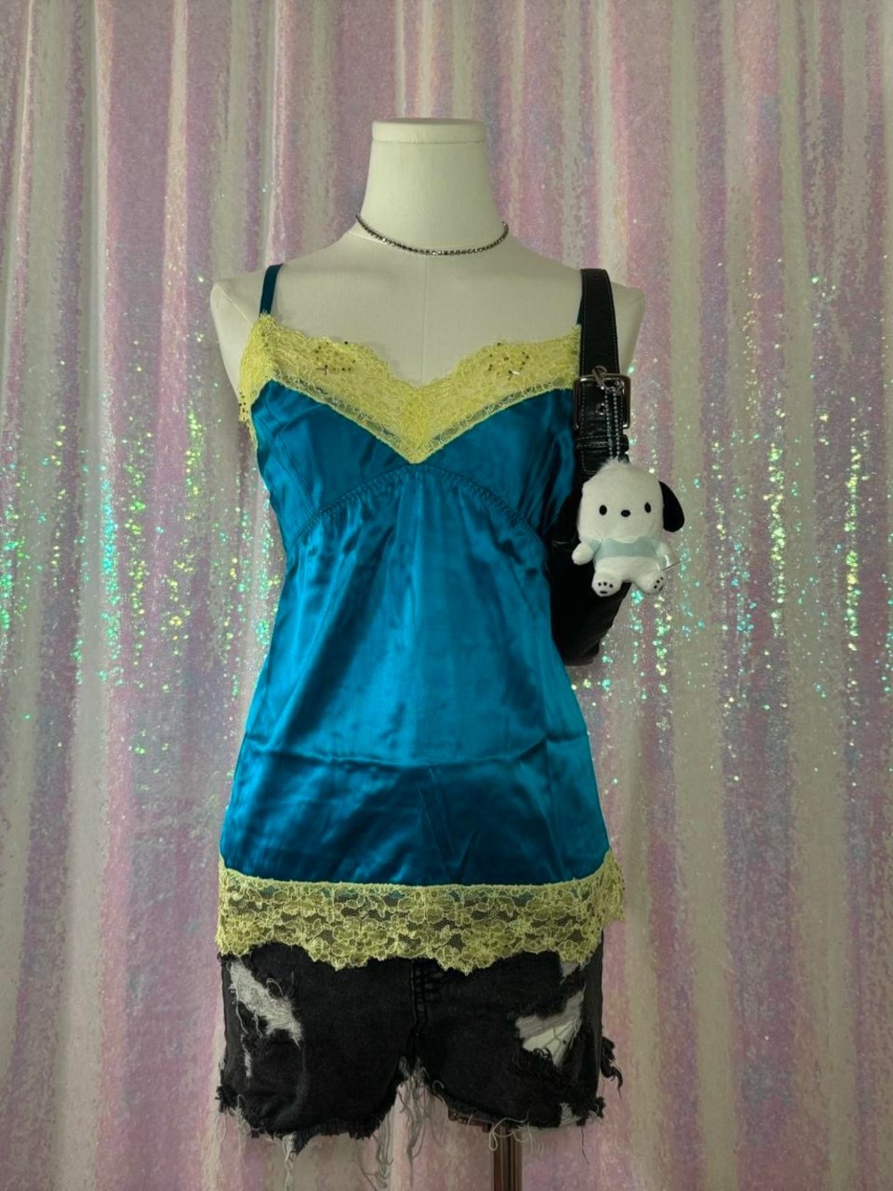 Moda International Light Blue & Lime Green Lace Silk Cami Slip ★彡